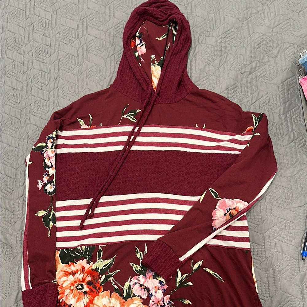 Floral Burgundy Striped Hoodie